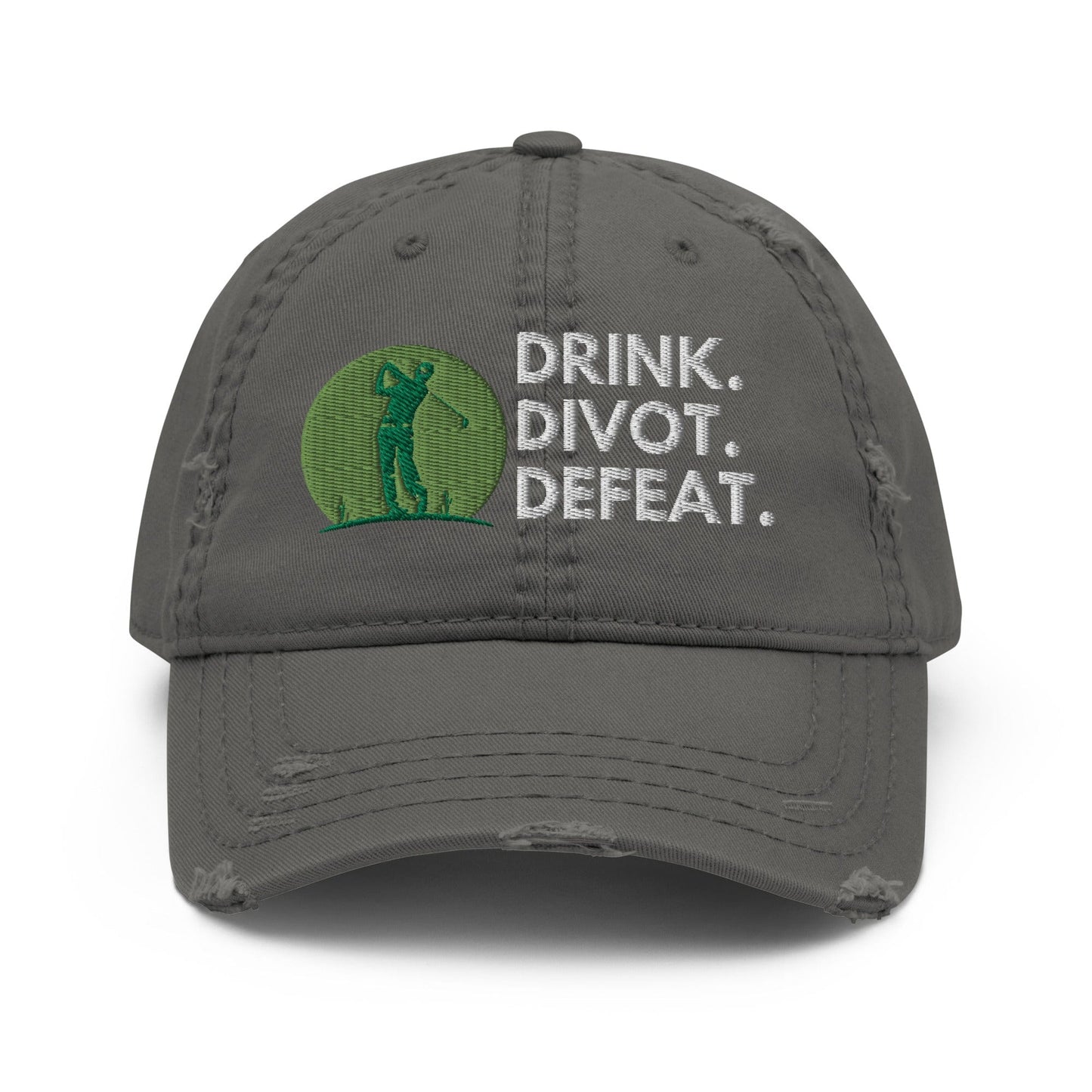 Funny Golfer Gifts Distressed Cap Charcoal Grey Drink. Divot. Defeat Distressed Hat