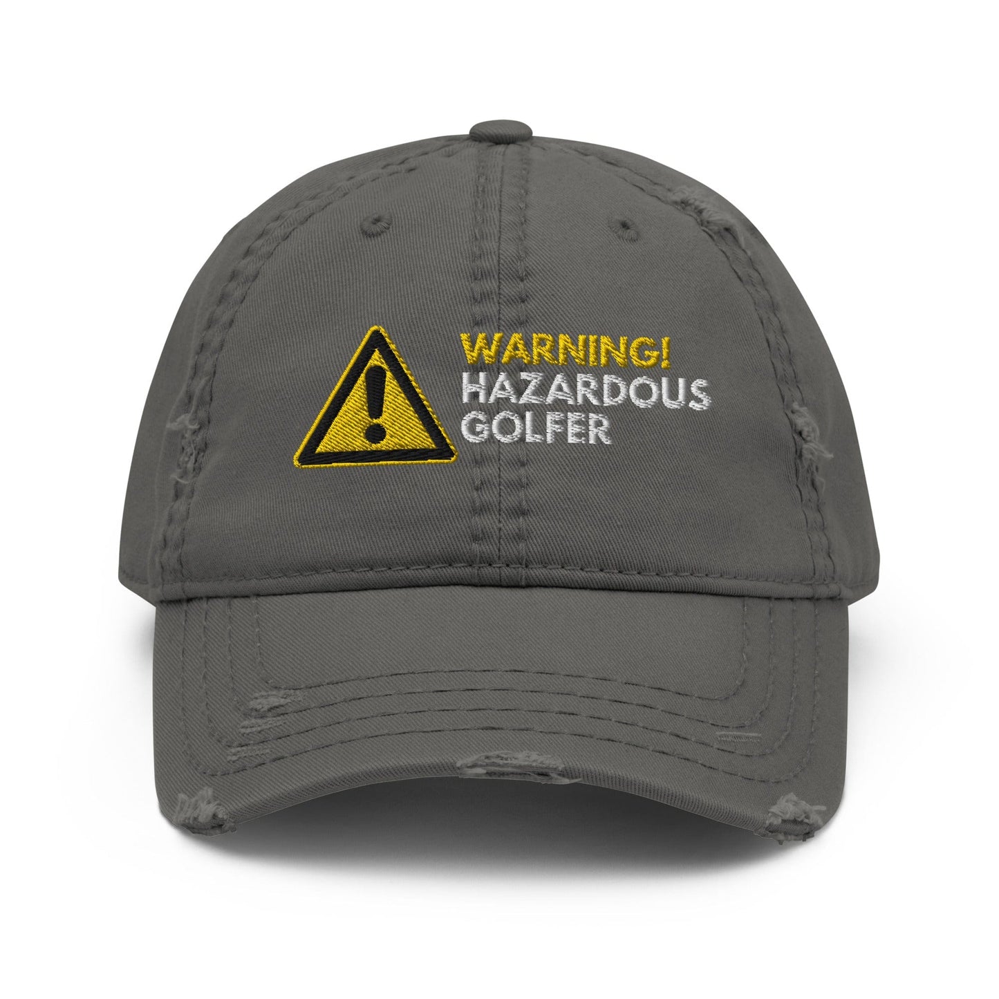 Funny Golfer Gifts Distressed Cap Charcoal Grey Warning Hazardous Golfer Distressed Hat