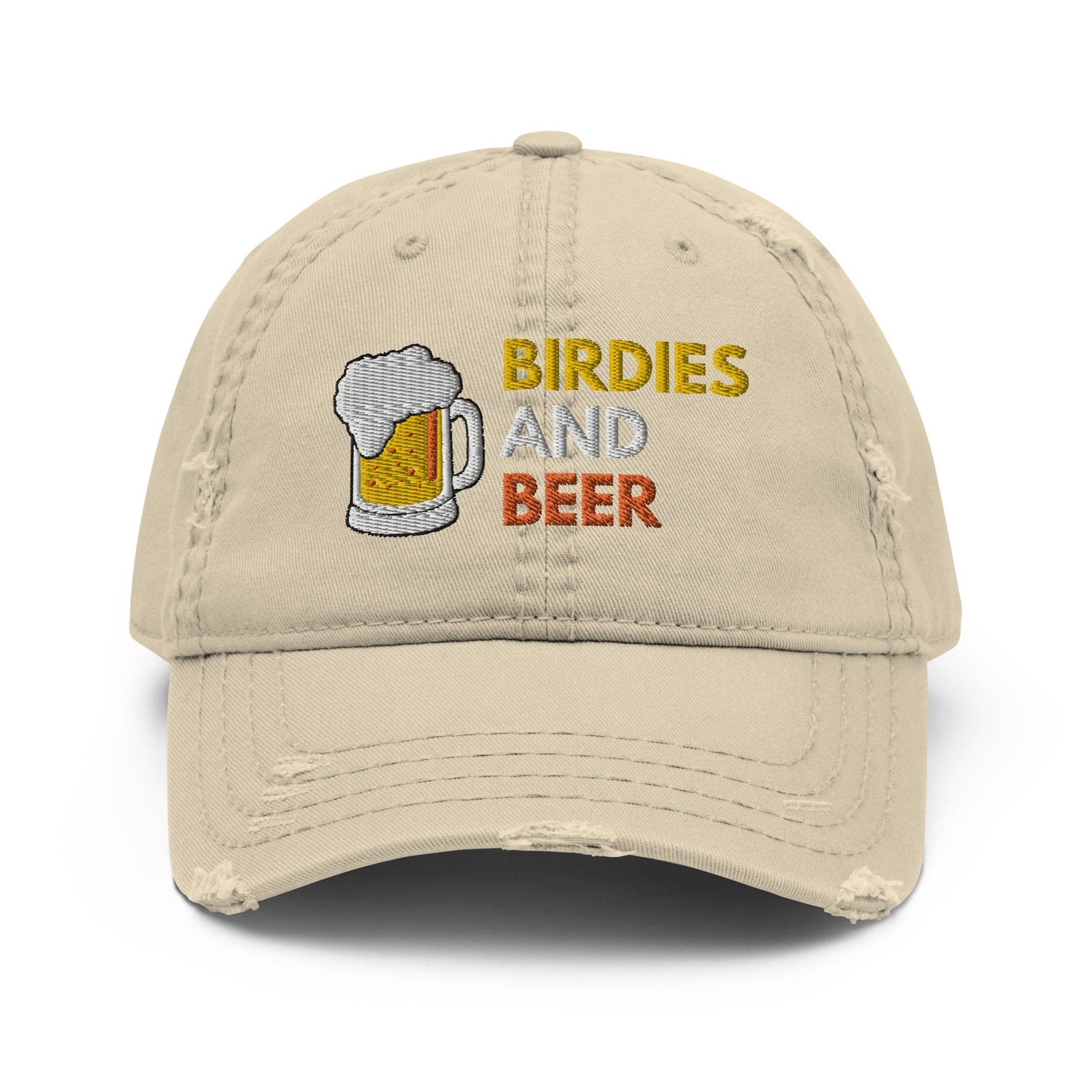 Funny Golfer Gifts Distressed Cap Khaki Birdies and Beer Distressed Hat