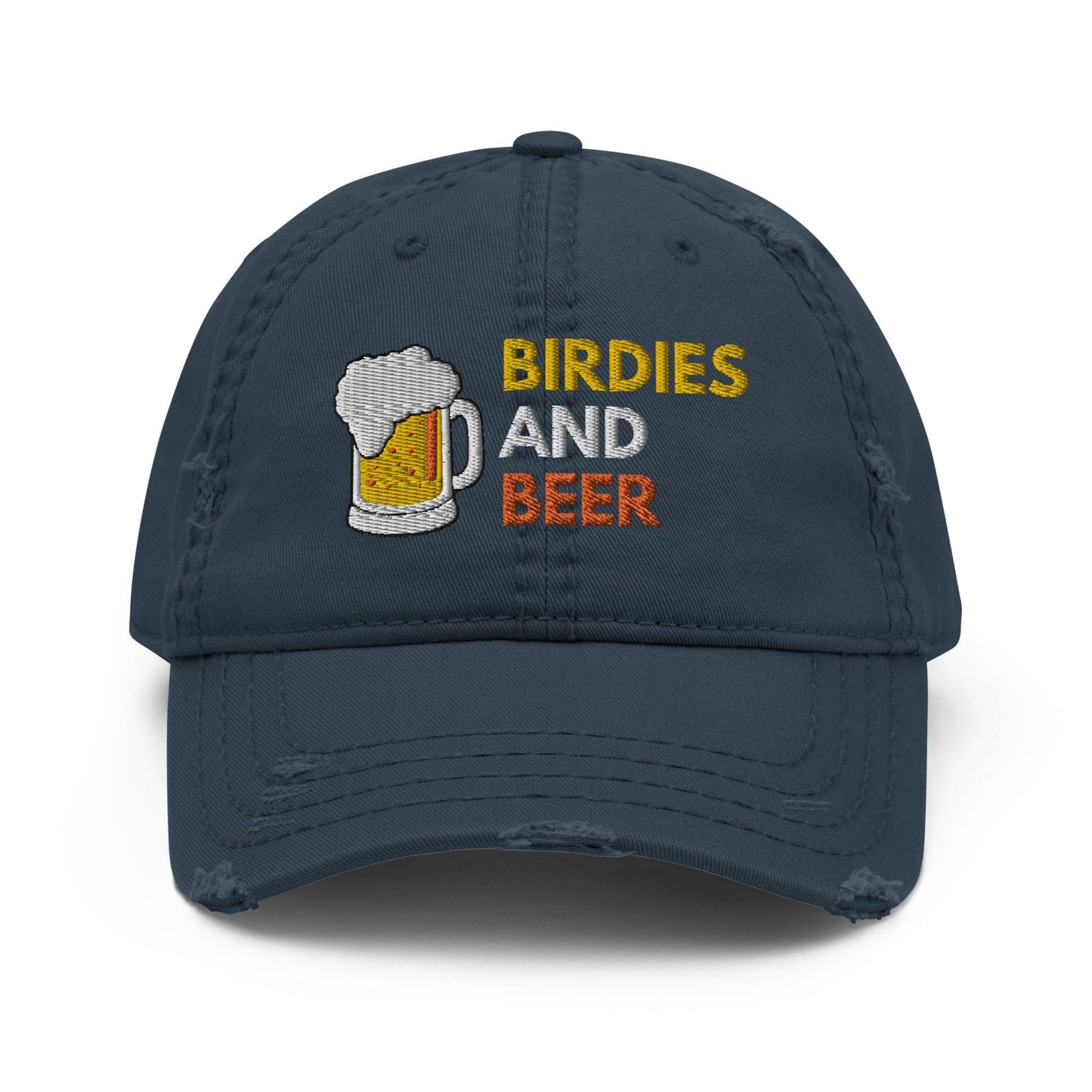 Funny Golfer Gifts Distressed Cap Navy Birdies and Beer Distressed Hat