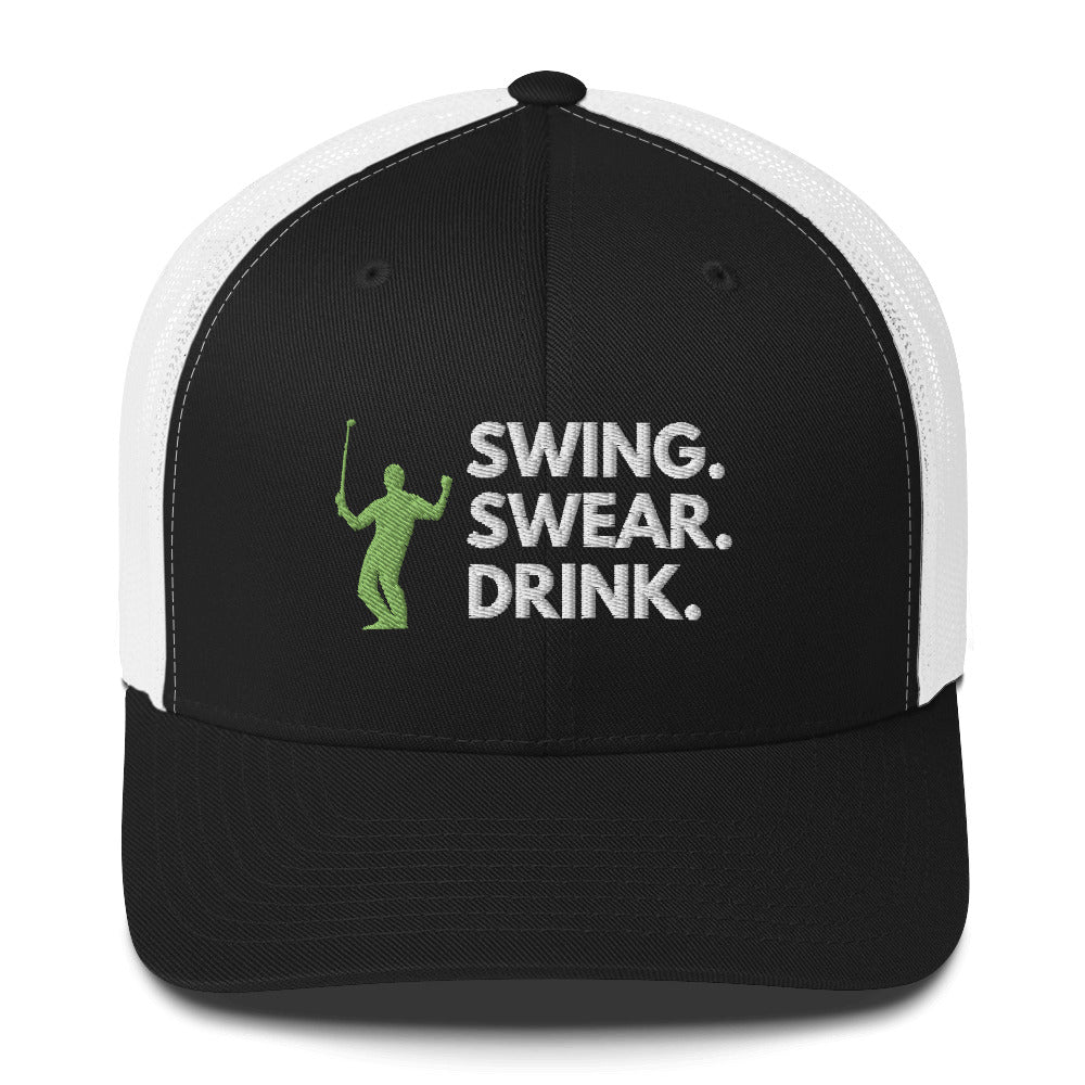 Funny Golfer Gifts Trucker Hat Black/ White Swing. Swear. Drink Trucker Hat