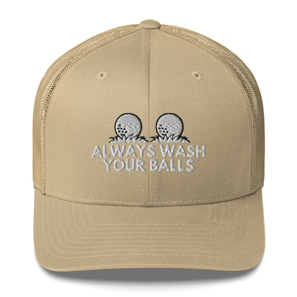 Funny Golfer Gifts Trucker Hat Khaki Always Wash Your Balls Hat Trucker Hat