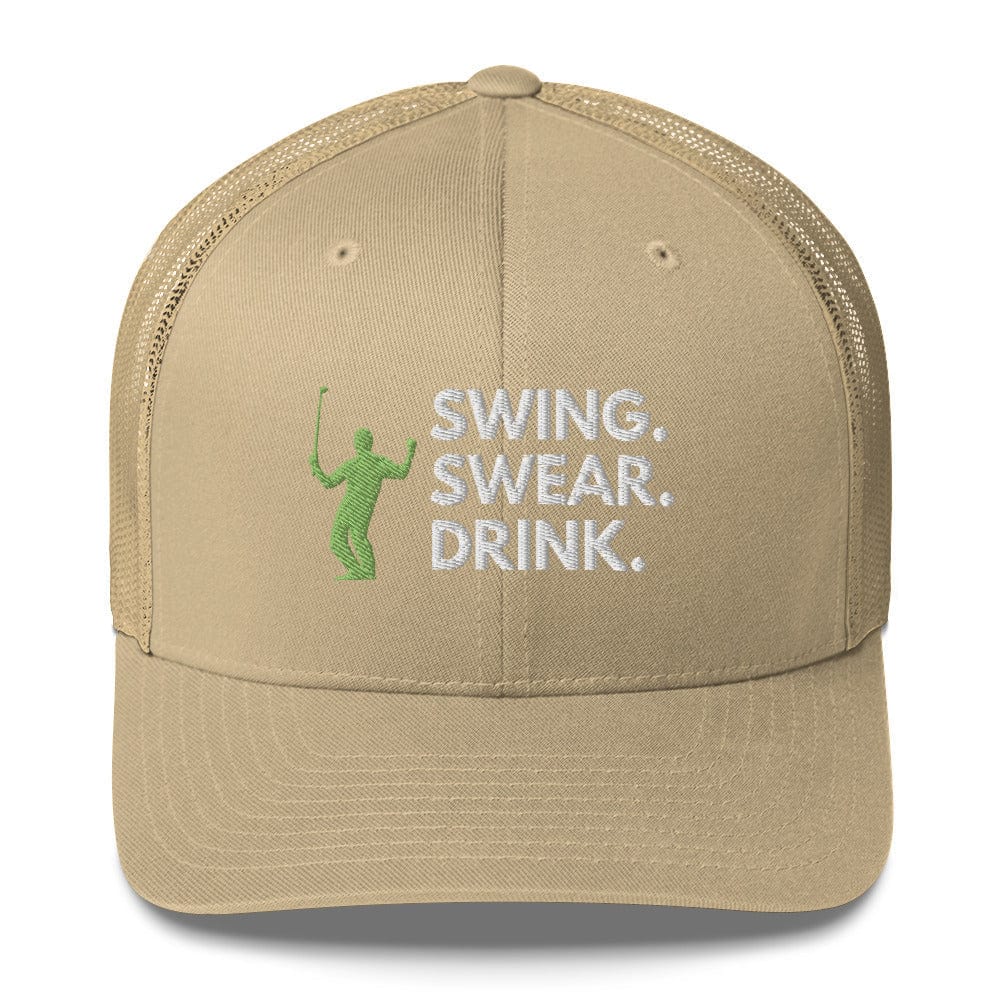 Funny Golfer Gifts Trucker Hat Khaki Swing. Swear. Drink Trucker Hat