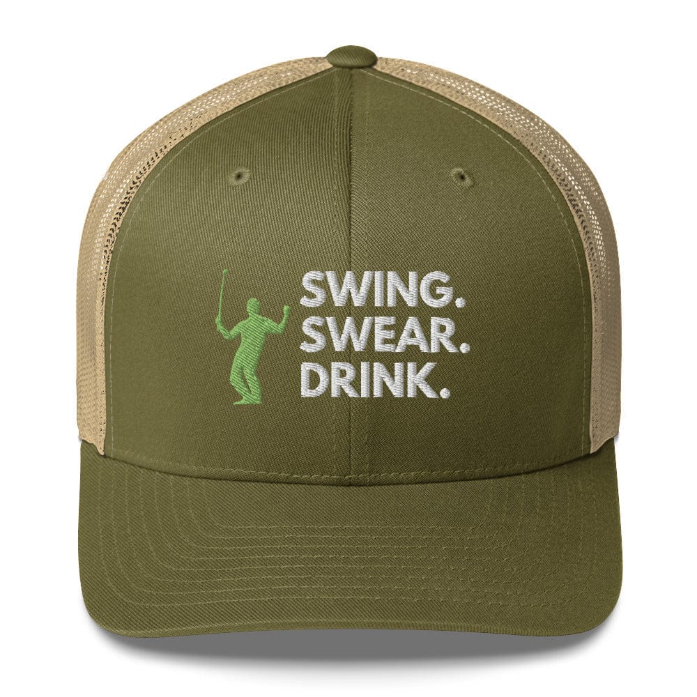 Funny Golfer Gifts Trucker Hat Moss/ Khaki Swing. Swear. Drink Trucker Hat