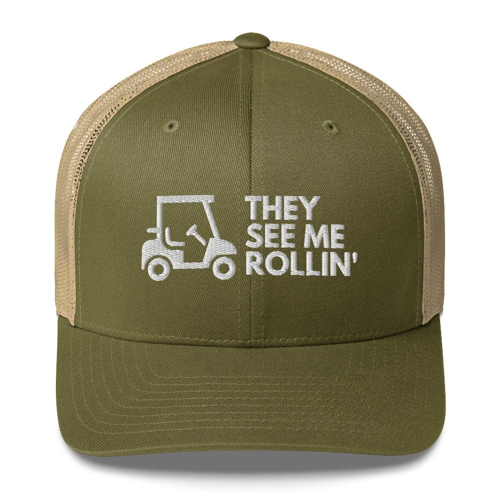 Funny Golfer Gifts Trucker Hat Moss/ Khaki They See Me Rollin Golfcart Hat Trucker Hat