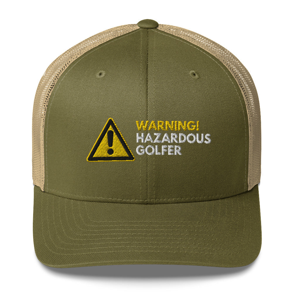 Funny Golfer Gifts Trucker Hat Moss/ Khaki Warning Hazardous Golfer Trucker Hat