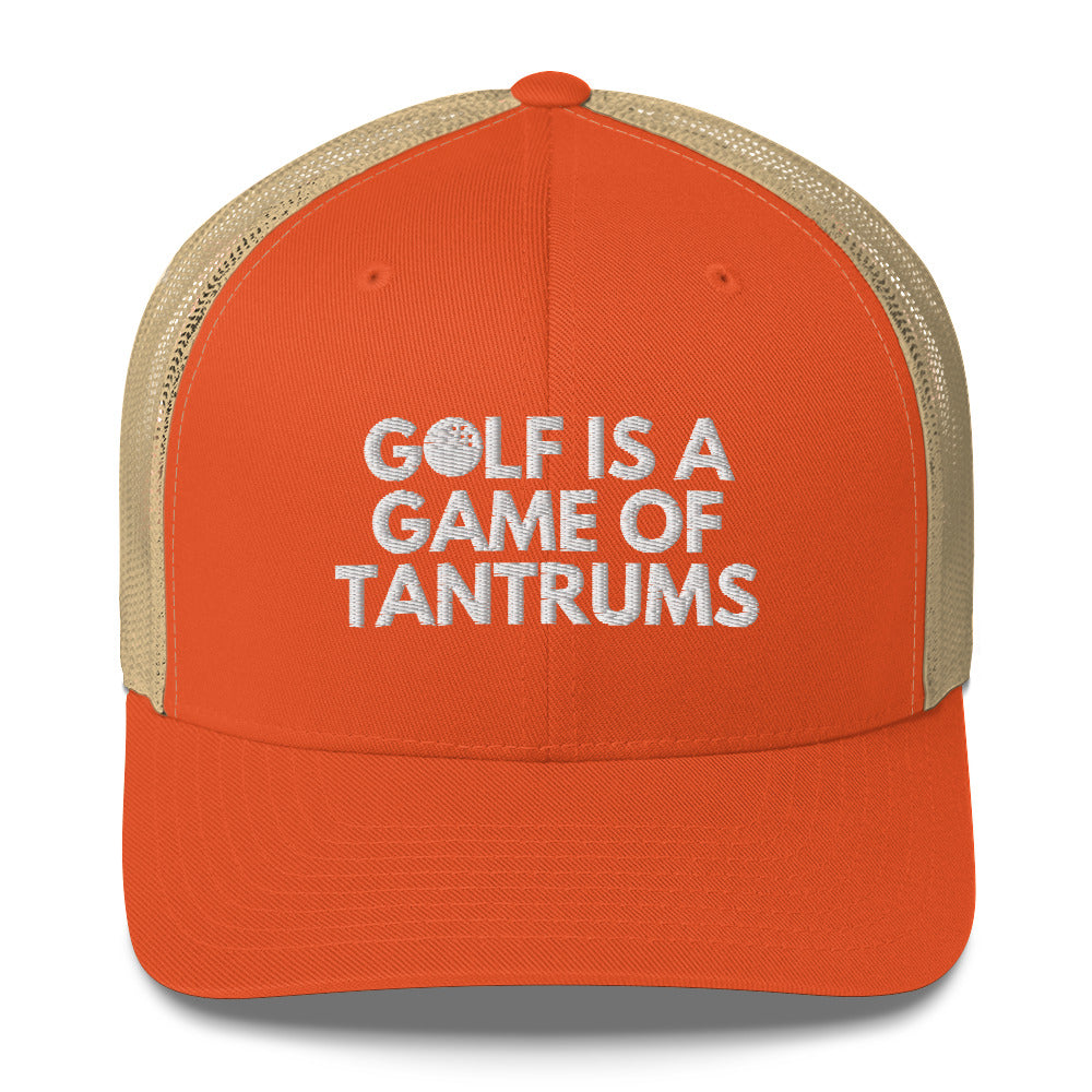 Funny Golfer Gifts Trucker Hat Rustic Orange/ Khaki Golf Is A Game Of Tantrums Hat Trucker Hat