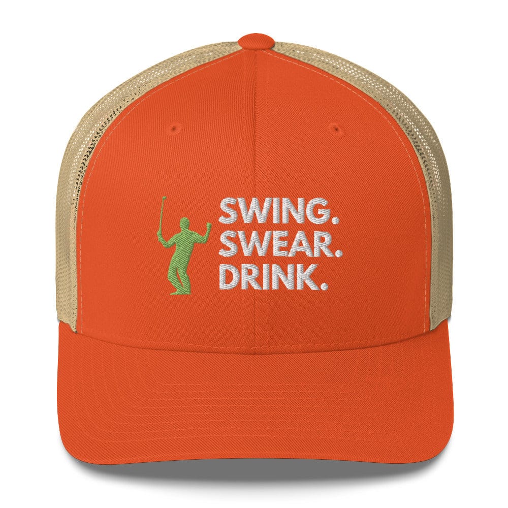 Funny Golfer Gifts Trucker Hat Rustic Orange/ Khaki Swing. Swear. Drink Trucker Hat