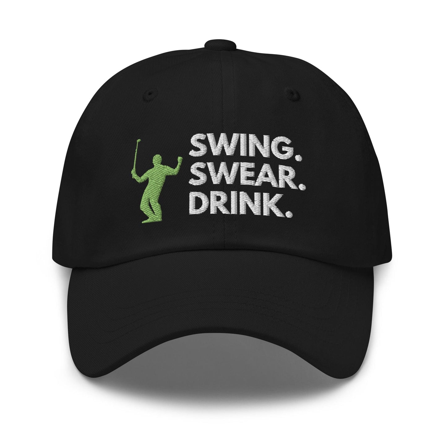 Funny Golfer Gifts  Dad Cap Black Swing. Swear. Drink Cap