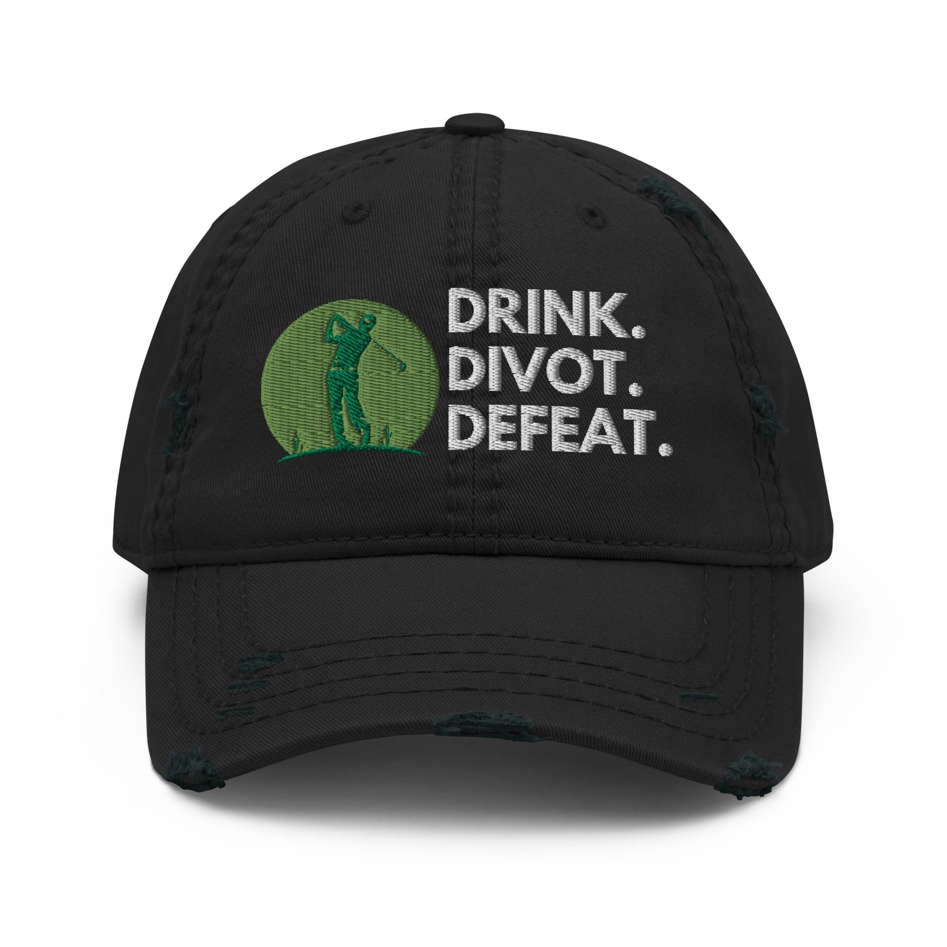 Funny Golfer Gifts  Distressed Cap Black Drink. Divot. Defeat Distressed Hat