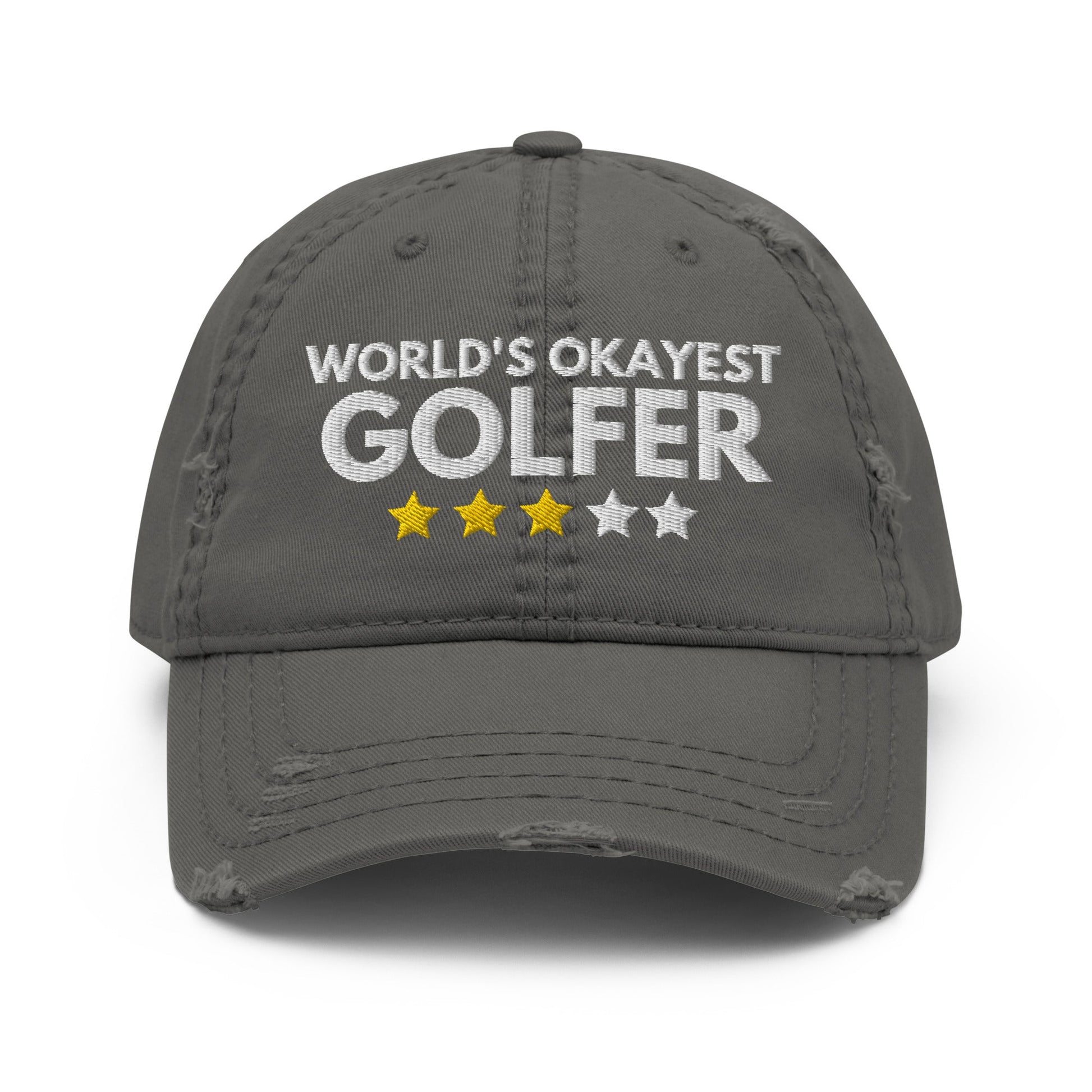 Funny Golfer Gifts  Distressed Cap Charcoal Grey Worlds Okayest Golfer Hat Distressed Hat