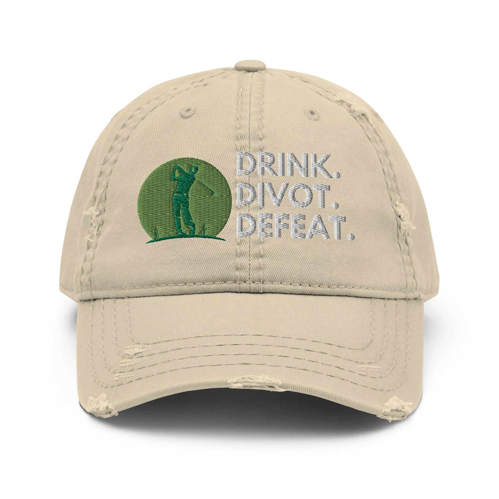 Funny Golfer Gifts  Distressed Cap Khaki Drink. Divot. Defeat Distressed Hat