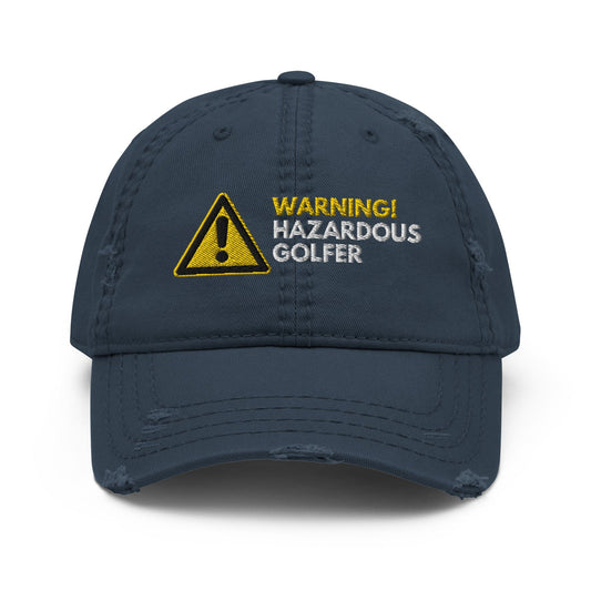 Funny Golfer Gifts  Distressed Cap Navy Warning Hazardous Golfer Distressed Hat