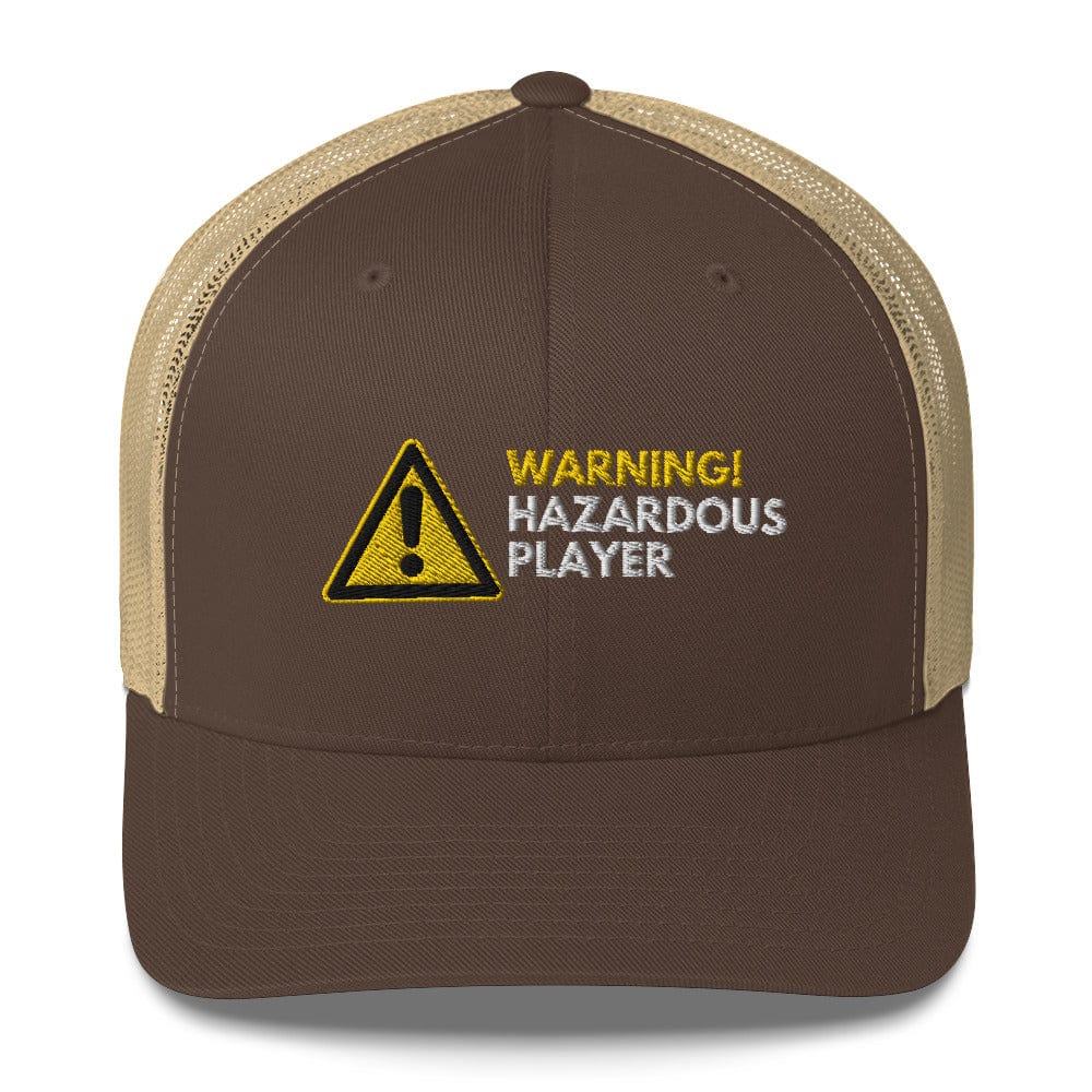 Funny Golfer Gifts  Trucker Hat Brown/ Khaki Warning Hazardous Player Trucker Hat