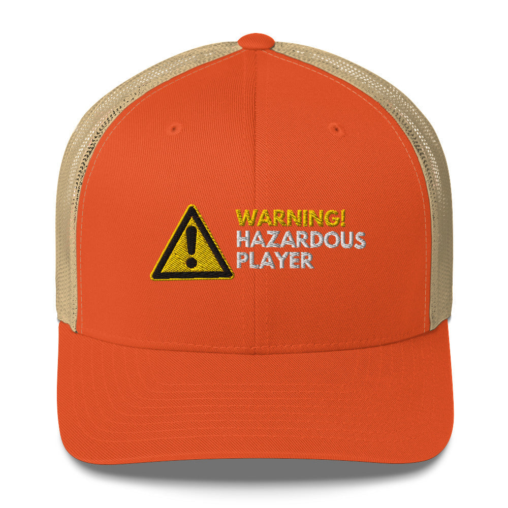 Funny Golfer Gifts  Trucker Hat Rustic Orange/ Khaki Warning Hazardous Player Trucker Hat