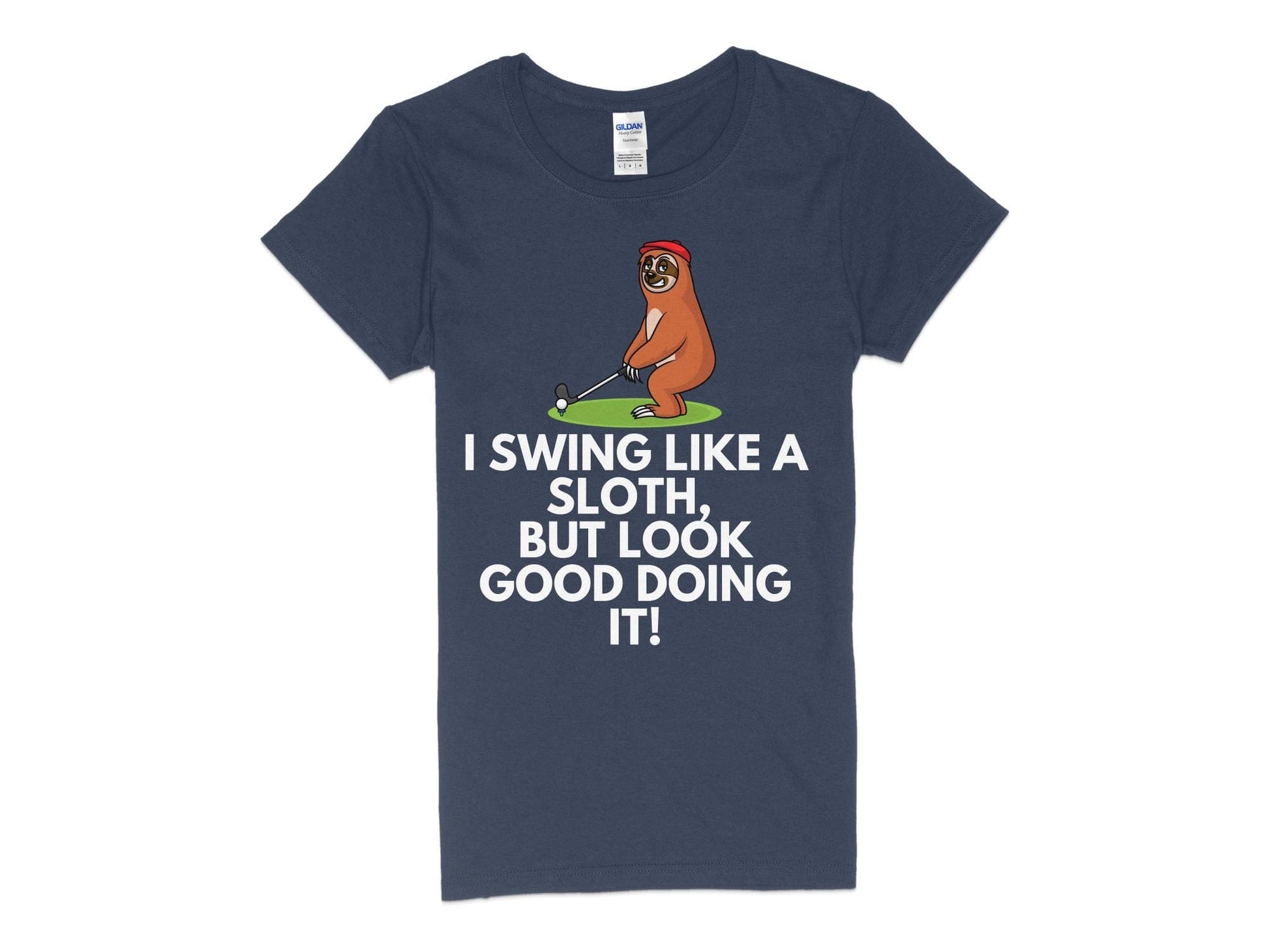 Funny Golfer Gifts  Womens TShirt S / Navy I Swing Like a Sloth Golf Womans T-Shirt